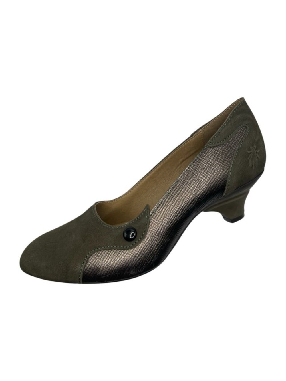 Fly London Two-Tone Leather Kitten Heel Pumps Olive Green Metallic Women's EU 37